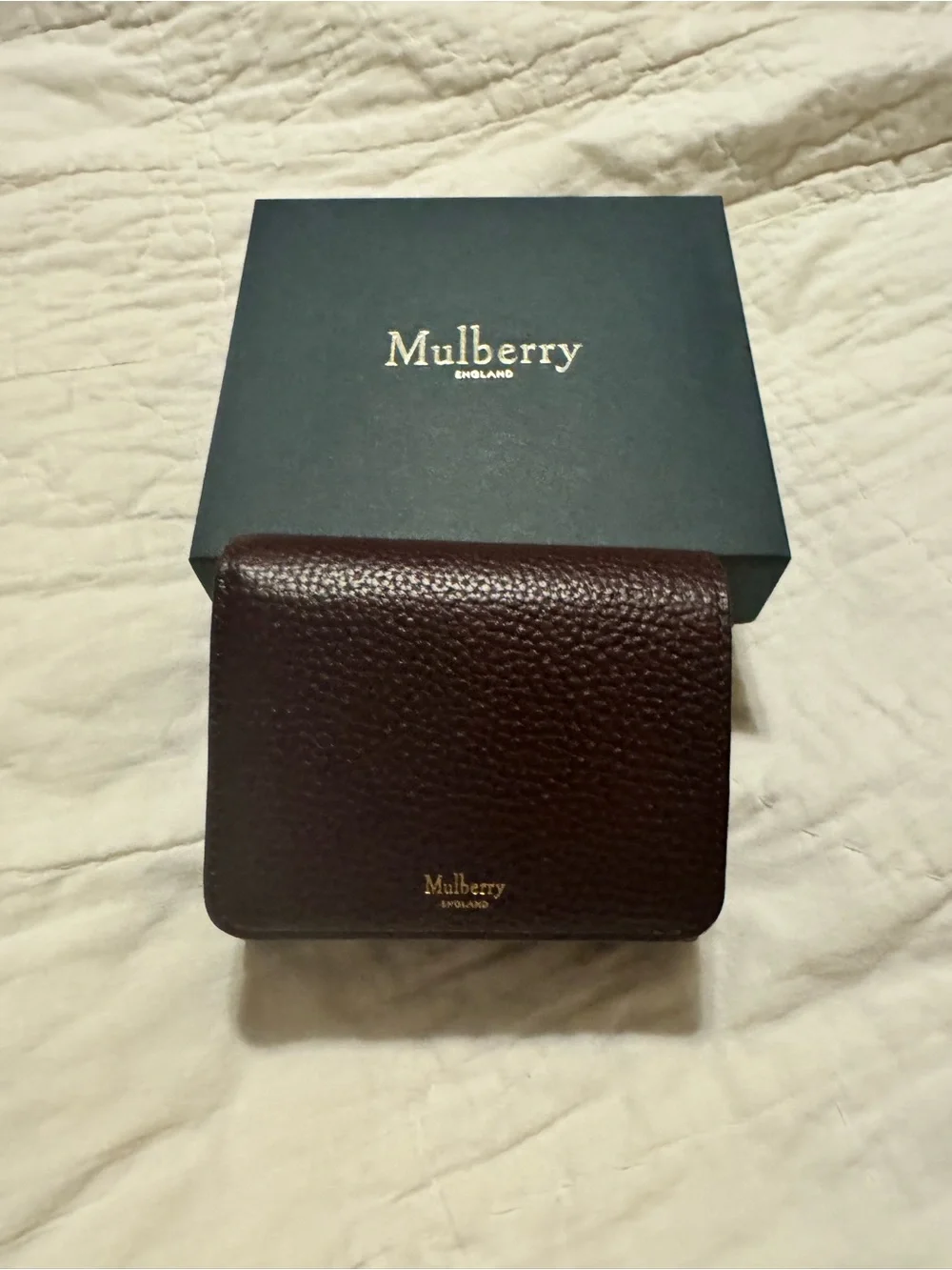 Mulberry Pebbled Leather Compact Wallet in Burgundy with Gold Logo